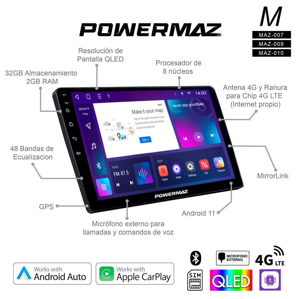 RADIO ANDROID  POWERMAZ 9´´QLED MAZ-009 / PROCESADOR OCTA-CORE