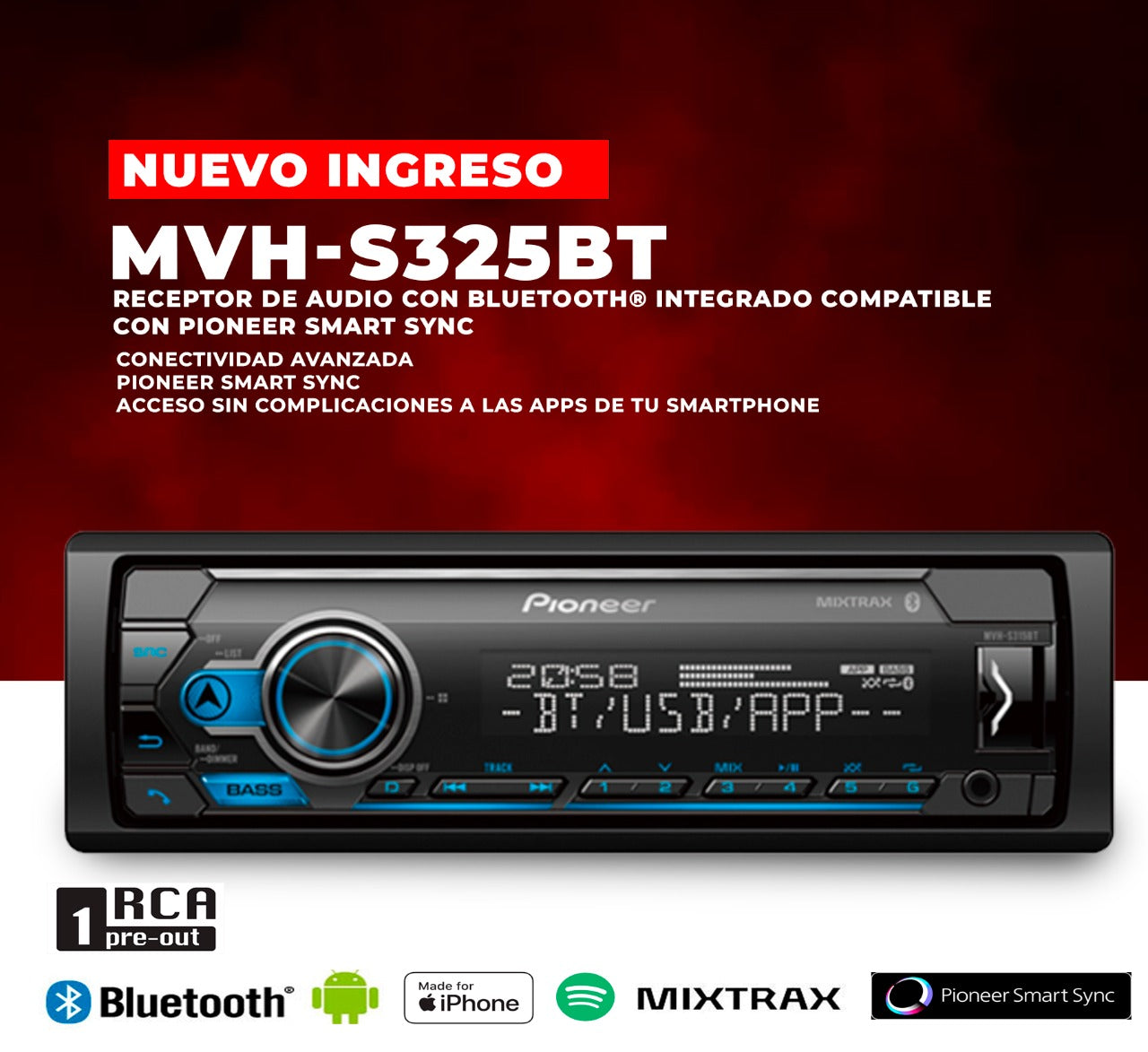 RADIO PIONEER SIN DISCO Y BLUETOOTH MVH-S325BT